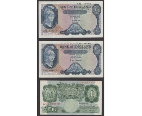 Bank of England, Leslie K. O’Brien, 10 Shillings (2), 21 November 1955, prefixes A73Y and A86Y, £1 (2), 21 November 1955, ser