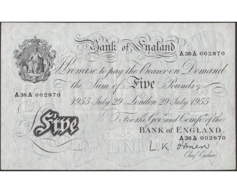 Bank of England, Leslie K. O’Brien, £5, 29 June 1955, serial number A38A 002870, original good very fine EPM B276 £80-£100