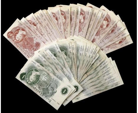 Bank of England, Leslie K. O’Brien, £1 (32), including two replacements prefixes M03 and M42, also 10 Shillings (50), very mi