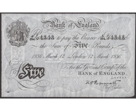 Bank of England, Kenneth O. Peppiatt, Operation Bernhard, £5, London, 12 March 1936, serial number A/294 54343, also a Bernha