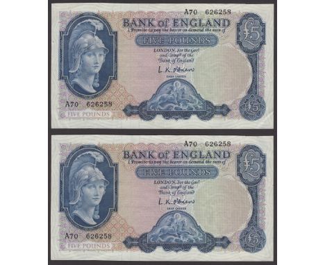 ERROR: Bank of England, Leslie K. O’Brien, £5 (2), 21 February 1957, both notes with identical serial number A70 626258, a ve