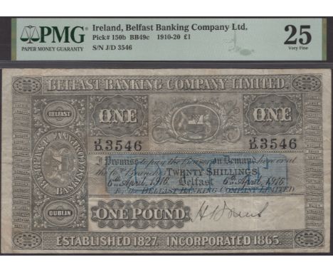Belfast Banking Company Limited, £1, 6 April 1916, serial number J/D 3546, manuscript signature at low right, pencil annotati