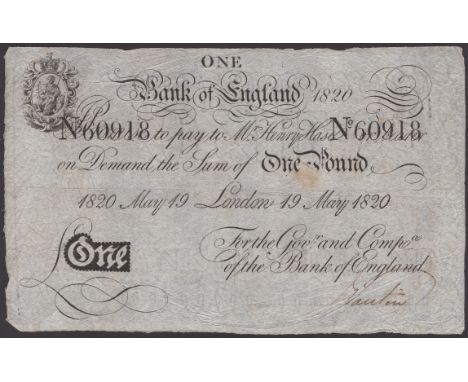 Bank of England, Henry Hase, £1, 19 May 1820, serial number 60918, manuscript signature low right, a perfectly respectable fi