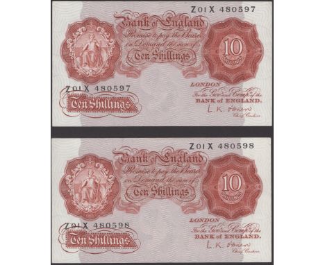 Bank of England, Leslie K. O’Brien, 10 Shillings (2), 21 November 1955, serial numbers Z01X 480597-98, original paper, uncirc