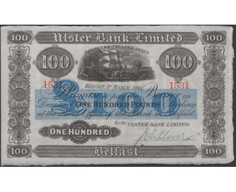 Ulster Bank Limited, £100, 1 March 1941, serial number 1531, manuscript Niblock signature, a couple of ink spots on reverse, 