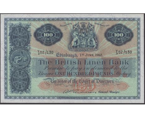 British Linen Bank, £100, 1 June 1962, serial number V/3 02/130, Anderson signature, the two usual light folds, good extremel