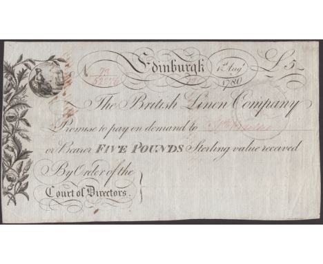 British Linen Company, £5, 1 August 1780, serial number 73/52276, manuscript serial numbers and name ‘Bailie’ at centre, seve
