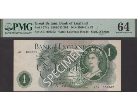 Bank of England, Leslie K. O’Brien, £1, 17 March 1960, serial number A01 000302, in PMG holder 64 choice uncirculated, a rare