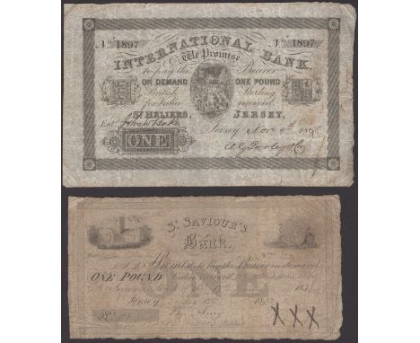 International Bank, Jersey, £1, 9 November 1865, serial number 1897, also St Saviours Bank, £1, 1832, first a presentable fin