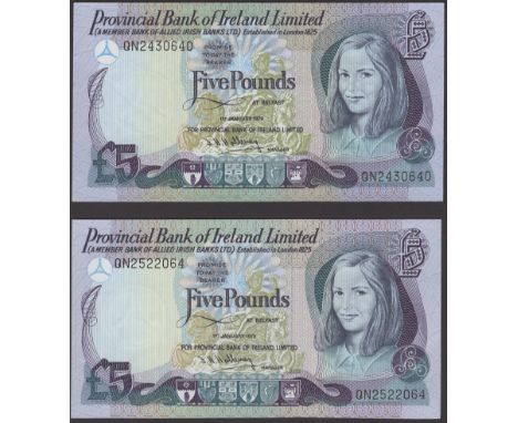 Provincial Bank of Ireland Ltd, £5 (2), 1 January 1979, serial numbers QN2430640 and QN2522064, Hollway signatures, light han