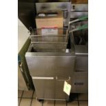 Frymaster double basket fryer, model SR42GN, serial #1810MA0593 with jug of frying oil