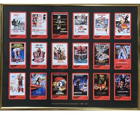 A mounted and framed display with 18 cards, each representing a James Bond film as made by EON Productions between 1962 - 199
