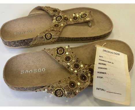 A pair of 'Bamboo' sandals worn by Madonna on screen in 'The Next Big Thing' (2001). With 'Unique Props' COA.  Very good cond