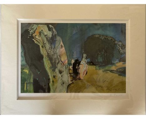 A mounted print of an abstract landscape in watercolour / mixed media by British artist Bob Rudd (1944-). Mount measures 59 x