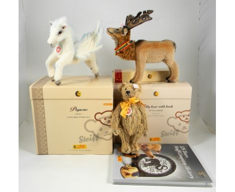 Three Steiff Limited Editions Pegasus and Teddy Bear with Book and Christmas Stag, 037481 Pegasus, 28cm, white tag, 00304 of 