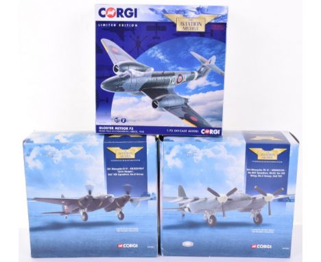 Three Corgi The Aviation Archive Models, AA27401 Gloster  Meteor F3, AA32801 DH Mosquito B IV ‘Grim Reaper’ and AA32802 DH Mo