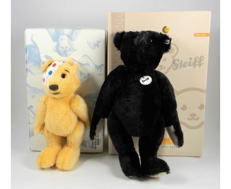 Two Steiff Limited Editions Teddy Bear Pudsey and Teddy Black 1907 Club, 654398 Children in Need Pudsey Bear, 30cm, white tag