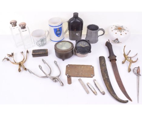 Selection of Mixed Militaria, including Moroccan dagger Jambiya (damaged hilt); selection of brass spurs, pewter beaker, fold