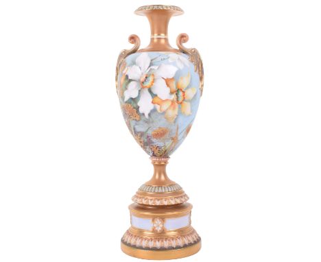 Royal Worcester Two Handled Vase, painted with floral sprays, RD No 308314, shape number 1969 and date code for 1898. Stands 