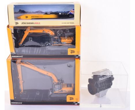 Four JCB Boxed Models, Motorart JS220 Long Reach Excavator JCB916, 13723 JCB JS220 with hammer, both 1:50 scale, IXO models J