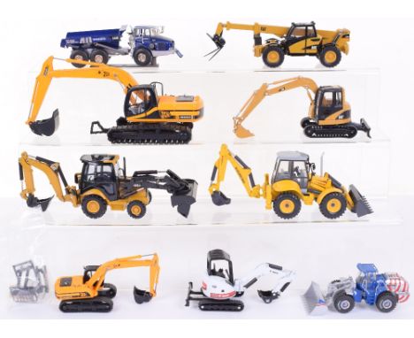 Nine unboxed  Miscellaneous Construction models,small scale, Ros New Holland LB 115 buckhoe, Norscott CAT- TH360B,CAT-420E bu