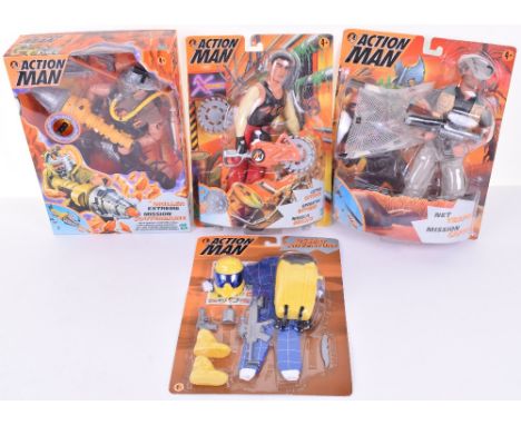 Four Hasbro 1990s Issue Boxed Action Man Packs, Driller Extreme Mission Souterraine, Cutter Extreme, Net Trapper Mission Capt