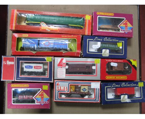 Ten "OO" Gauge Rolling Stock Wagons, Vans, Tanker, by Hornby, Lima, Tri-ang Hornby, including Hornby #R087 Super Detail H. Ho