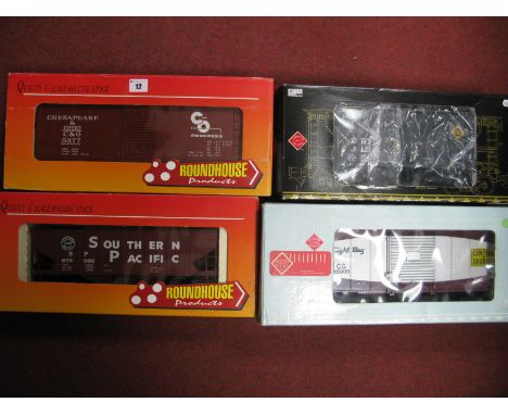 Four G Scale Items Box Vans/Hopper Railway Express Box Van - Aristocraft Hopper Ref 41212 - Roundhouse Hopper Ref G4204, plus