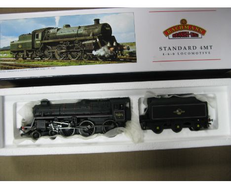 A Bachmann "OO" Gauge Class 4 4-6-0 Standard 4 MT Locomotive and Six Wheeled Tender, R/No. 75075, BR black livery:- Boxed