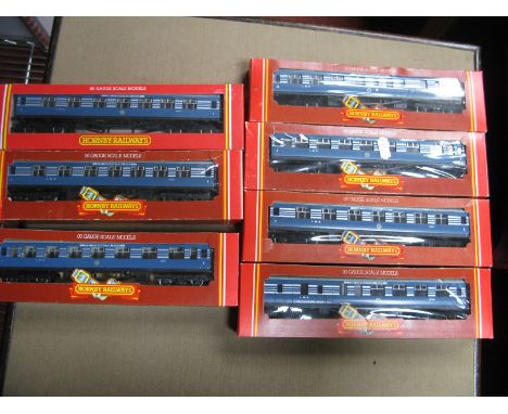 Seven Hornby 'OO' Gauge/4mm 'The Coronation Scot' Blue/Silver Coaches,  ref R.422 L.M.S 1st Class and three ref R423 L.M.S br