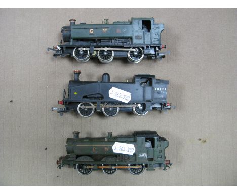 Three 'OO' Gauge Tank Locomotives, unboxed Graham Farish 0-6-0 GWR green R/No 9410, two Lima, GWR R/No 9418 and  BR black 0-6