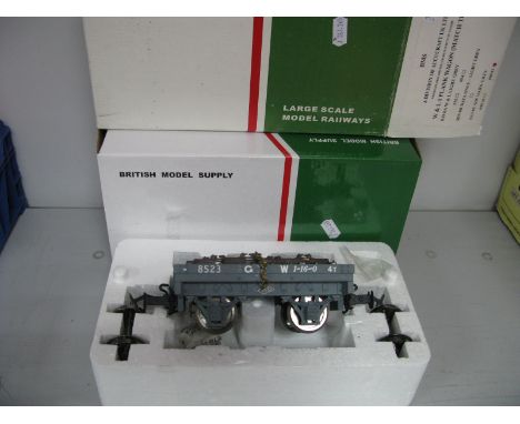 Two Items of BMS 'G' Scale Rolling Sock, boxed dark grey plank wagon, L&amp;B open wagon, condition very good.