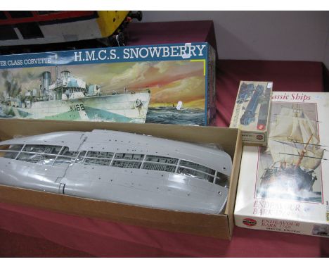 Three Plastic Scale Model Kits, comprising of a Revell 1:72nd scale plastic model kit warship #5061 Flower Class Corvette, H.