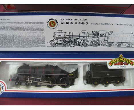 A Bachmann "OO" Gauge Class 4 4-6-0 Standard Locomotive and Six Wheeled Tender, R/No. 75078, BR black livery:- Boxed