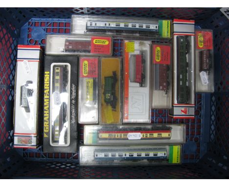 Twelve 'N' Gauge Rolling Stock Wagons, Tanker, Vans, Eight Wheeled Coaches, by Hornby Minitrix, Graham Farish, Lima and other