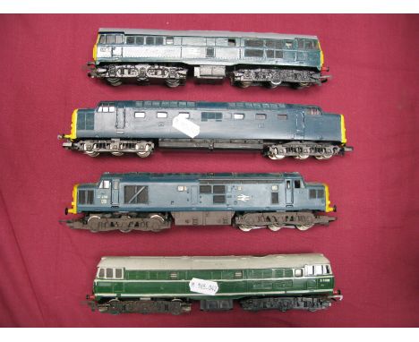 Four 'OO' Gauge Diesel Locomotives, all with significant over painting Lima Co.Co BR blue. Triang Co.Co Ref R354 BR green, D5