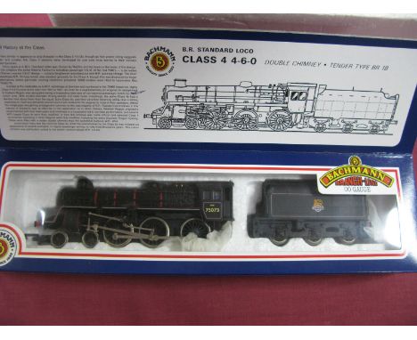 A Bachmann "OO" Gauge Class 4 4-6-0 Standard Locomotive and Six Wheeled Tender, R/No. 75073, BR black livery:- Boxed