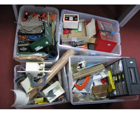 Contents of a "OO" Gauge Railway Modellers Workshop, including locomotive chassis, coaches, bogies, ballast, screwdrivers, to