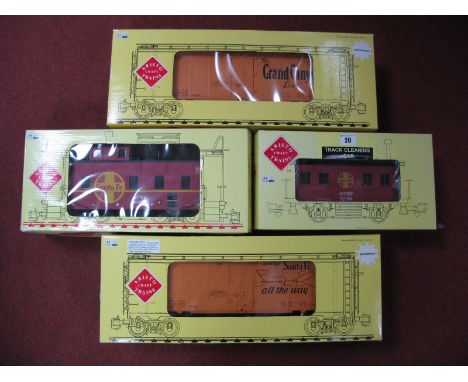 Four Items of Aristocraft G Scale Rolling Stock, Ref. 42106 ATSF/Santa Fe Caboose, Ref. 46228-3 ATSF/Santa Fe Box Van, Ref. 4