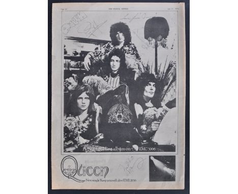 Queen - Freddie Mercury, John Deacon, Brian May and Roger Taylor - an exceptional full-band autographed poster page from a 19
