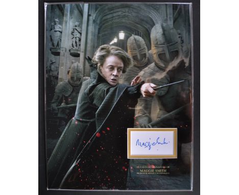 Dame Maggie Smith - Harry Potter - a custom autograph presentation featuring a signed white card by Smith in blue ink. Custom