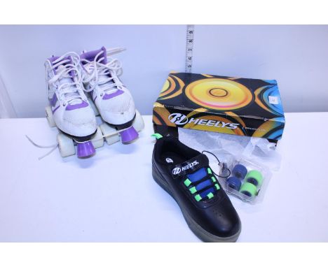 A new pair of Heelys size 3 and a pair of roller skates 