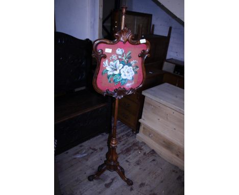 A Victorian adjustable fire/pole screen with embroidered panel, shipping unavailable 