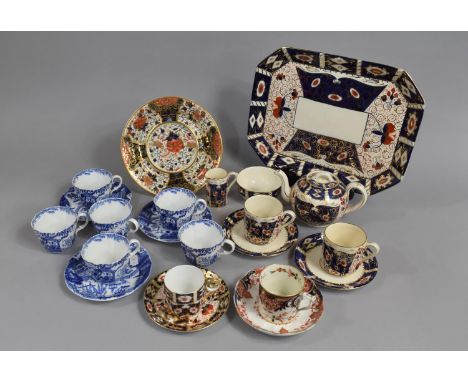 A Part Royal Crown Derby "Blue Mikado" Tea Set to comprise Six Cups and Three Saucers with Oriental Garden Scene together wit