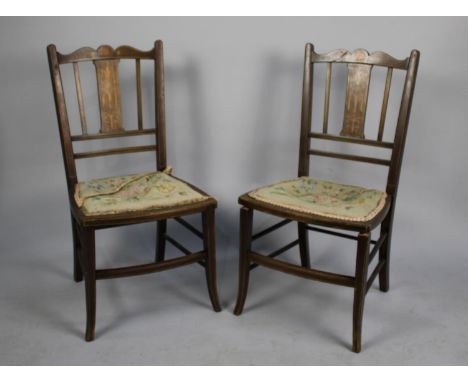 A Pair of Edwardian Low Side Chairs with Inlaid Splat and Top Rails, Tapestry Seats 