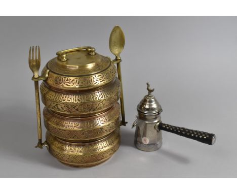 A Far Eastern Brass Three Section Food Carrier/Canteen Box with Side Fork and Spoon Together with a Side Pouring Octagonal Pl