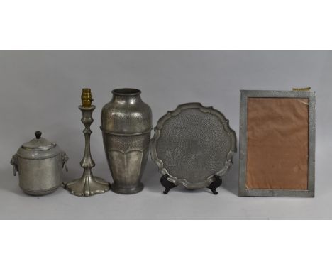 A Collection of Various Pewter Items to comprise Vase, Candlesticks (Converted to Table Lamps) Photo Frame, Plate and a Lidde