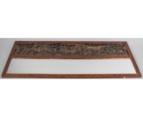A Large Oriental Wall Mirror with Carved and Pierced Panel Depicting Figures in Street, 147x57cm 