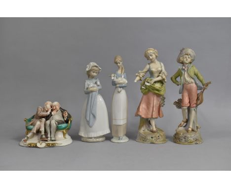 A Collection of Continental Figural Ornaments to Comprise Pair of Bisque Figures (Lady AF), Lladro and Nao Figures and Capodi