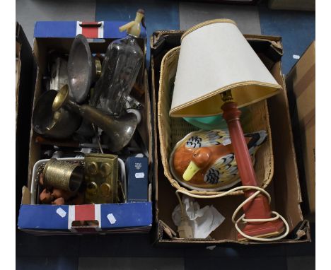 Two Boxes of various Sundries to comprise Ceramics Duck Crock, Vintage Soda Syphon, Table Lamp Etc 